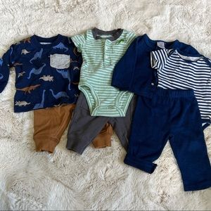 Three Sets Dinosaurs Frog Pocket Blue Soft Sweater and Pant with Striped Onesie